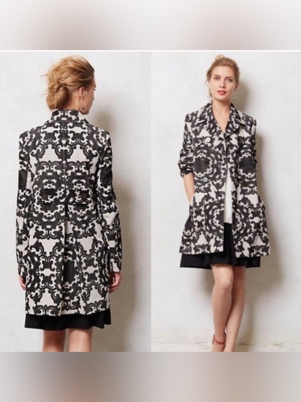 Anthropologie Leifnotes Black and White Patterned Cotton Corduroy Coat